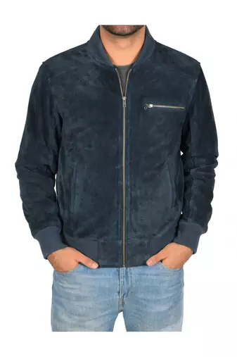 Men's navy blue leather premium quality bomber jacket
