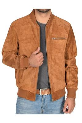 Men's tan suede leather smart casual bomber biker jacket 1