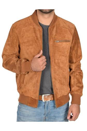 Men's tan suede leather smart casual bomber biker jacket