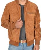 Men's tan suede leather smart casual bomber biker jacket