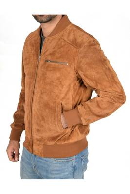 Men's tan suede leather smart casual bomber biker jacket 2