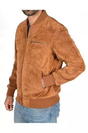 Men's tan suede leather smart casual bomber biker jacket
