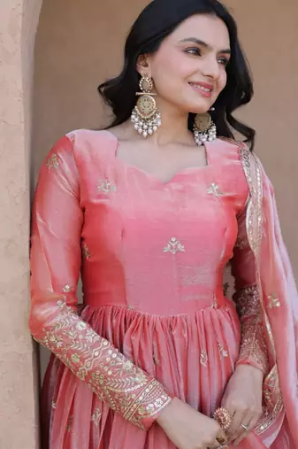 Peach pink embroidered fendi silk gwon with dupatta