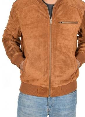 Men's tan suede leather smart casual bomber biker jacket 3