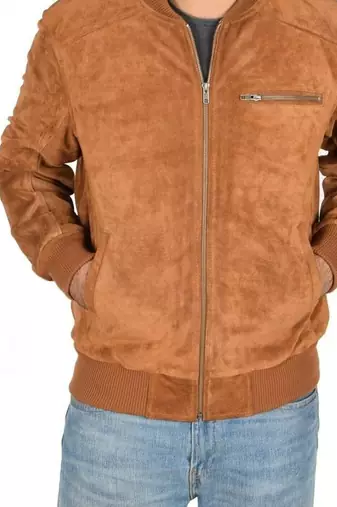 Men's tan suede leather smart casual bomber biker jacket