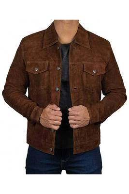 Men's brown suede leather designer style cafe racer trucker jacket 1