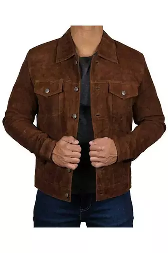 Men's brown suede leather designer style cafe racer trucker jacket