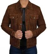 Men's brown suede leather designer style cafe racer trucker jacket
