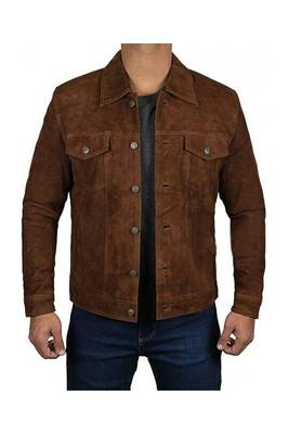 Men's brown suede leather designer style cafe racer trucker jacket 2