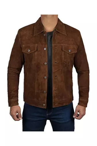 Men's brown suede leather designer style cafe racer trucker jacket