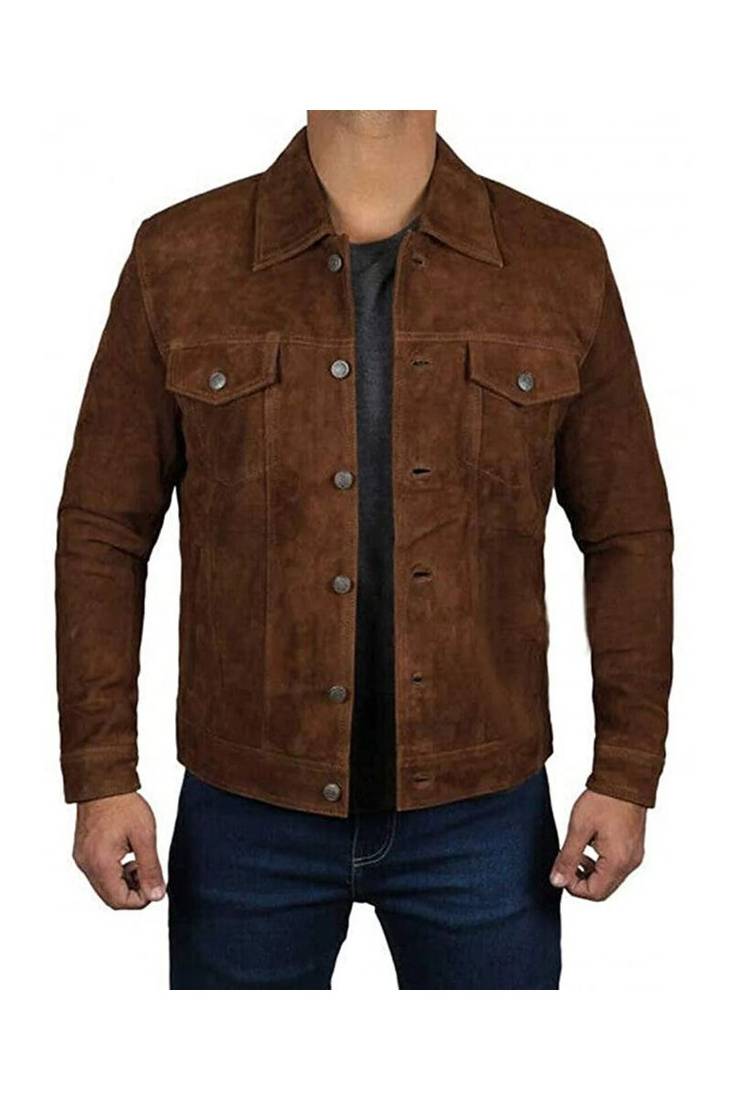 Men's brown suede leather designer style cafe racer trucker jacket