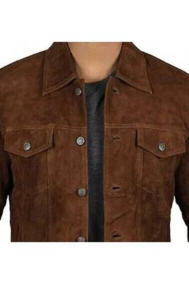 Men's brown suede leather designer style cafe racer trucker jacket 3