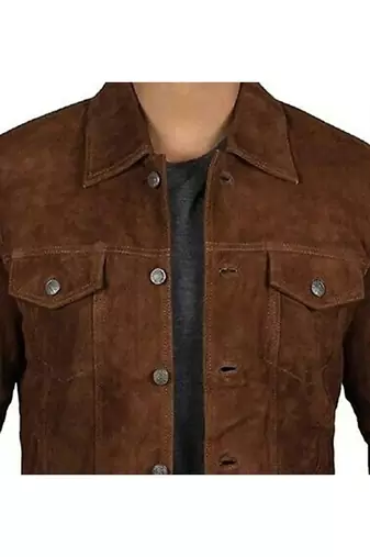 Men's brown suede leather designer style cafe racer trucker jacket