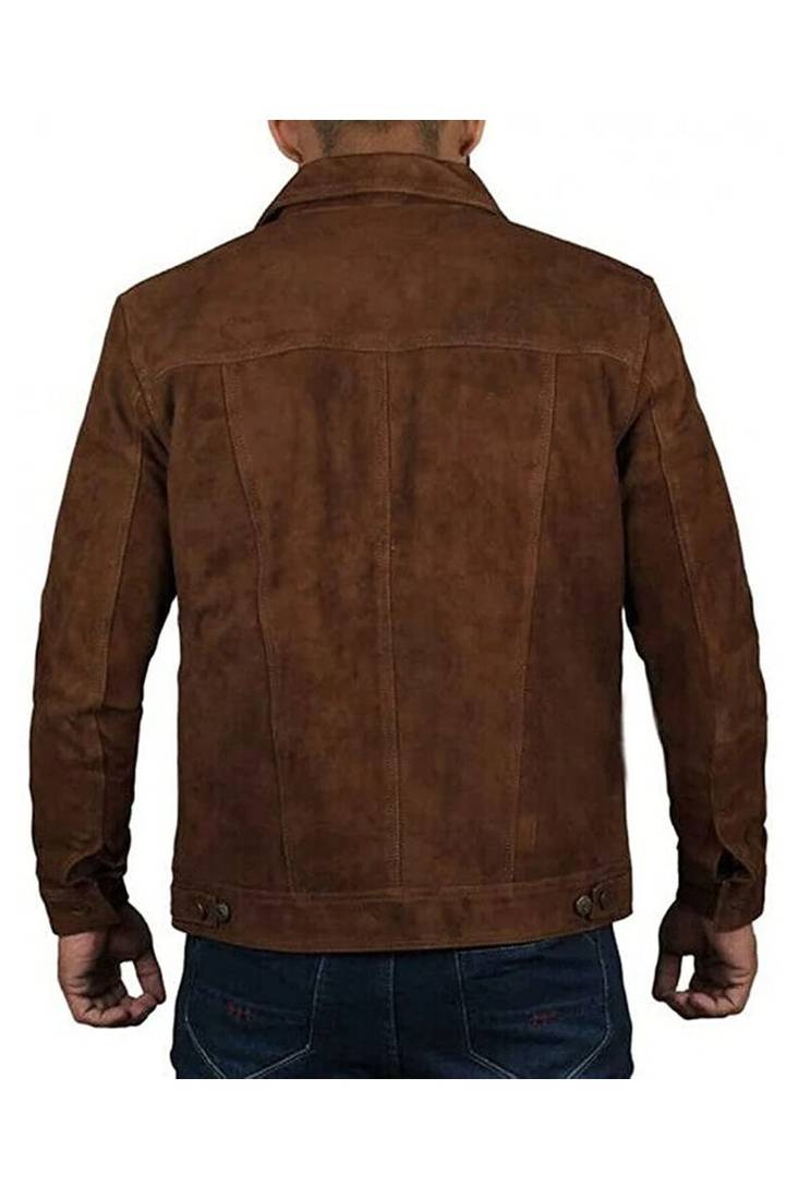 Men's brown suede leather designer style cafe racer trucker jacket
