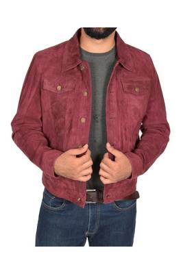 Men's suede leather urban fashion burgundy trucker jacket 1