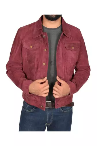 Men's suede leather urban fashion burgundy trucker jacket