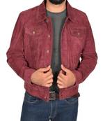Men's suede leather urban fashion burgundy trucker jacket