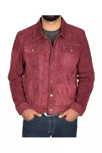 Men's suede leather urban fashion burgundy trucker jacket