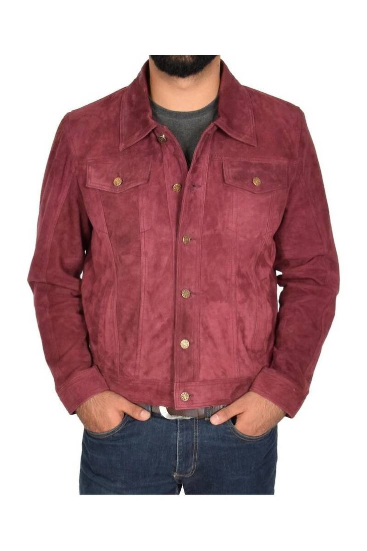 Men's suede leather urban fashion burgundy trucker jacket
