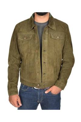 Men's olive green suede leather daily wear trucker jacket 1