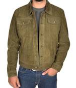 Men's olive green suede leather daily wear trucker jacket
