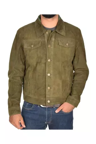 Men's olive green suede leather daily wear trucker jacket