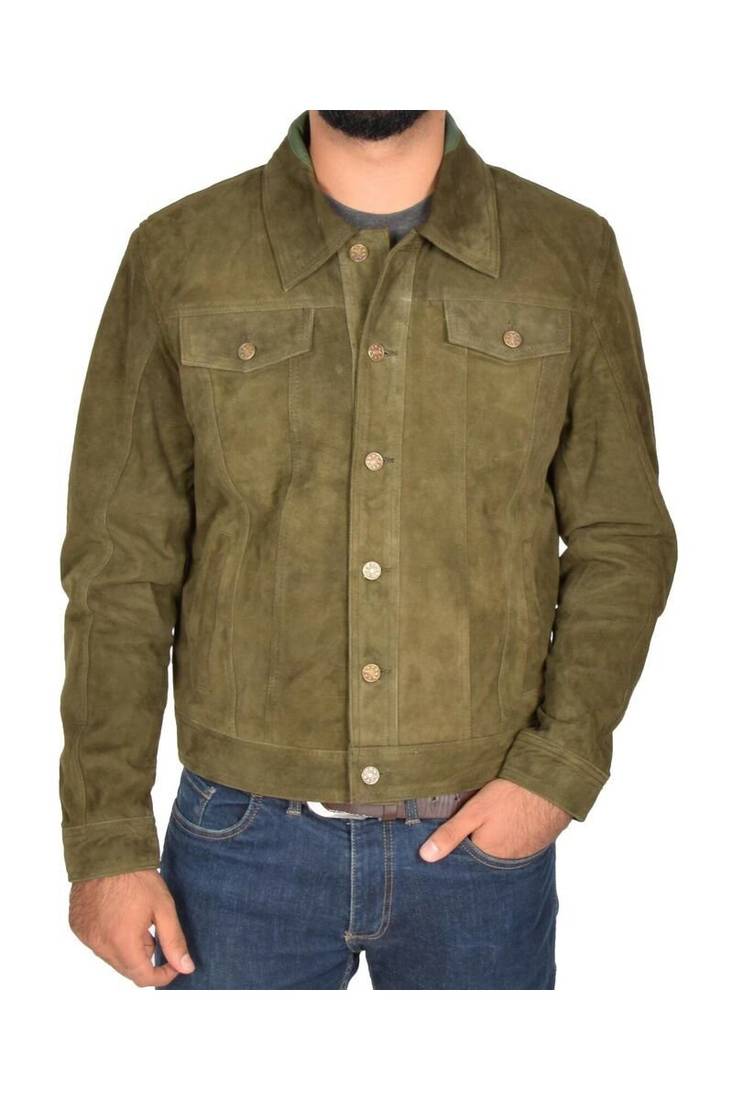 Men's olive green suede leather daily wear trucker jacket