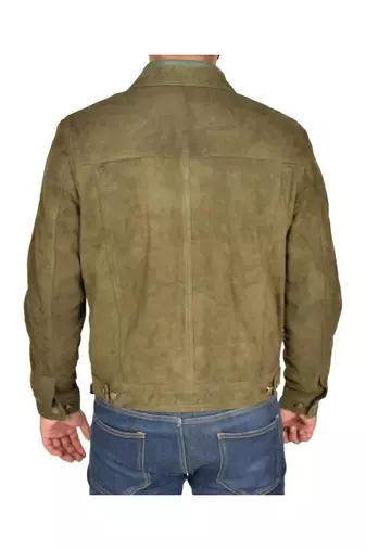 Men's olive green suede leather daily wear trucker jacket