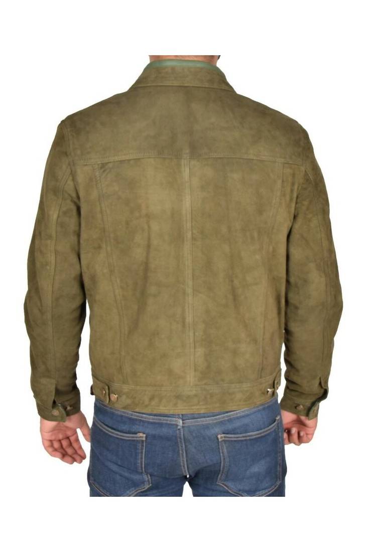 Men's olive green suede leather daily wear trucker jacket