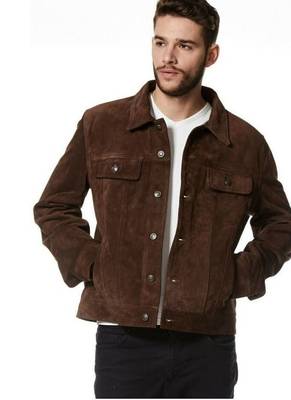 Men's brown suede leather signature look trucker biker jacket 1