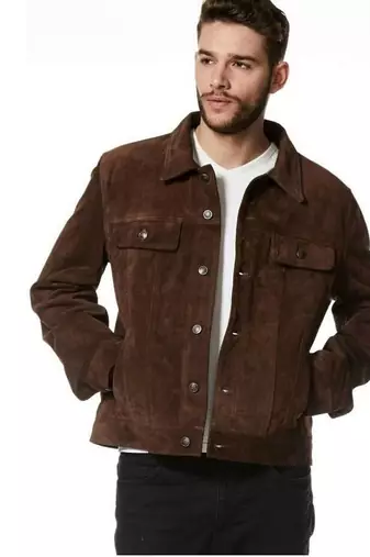 Men's brown suede leather signature look trucker biker jacket