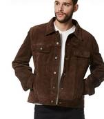 Men's brown suede leather signature look trucker biker jacket