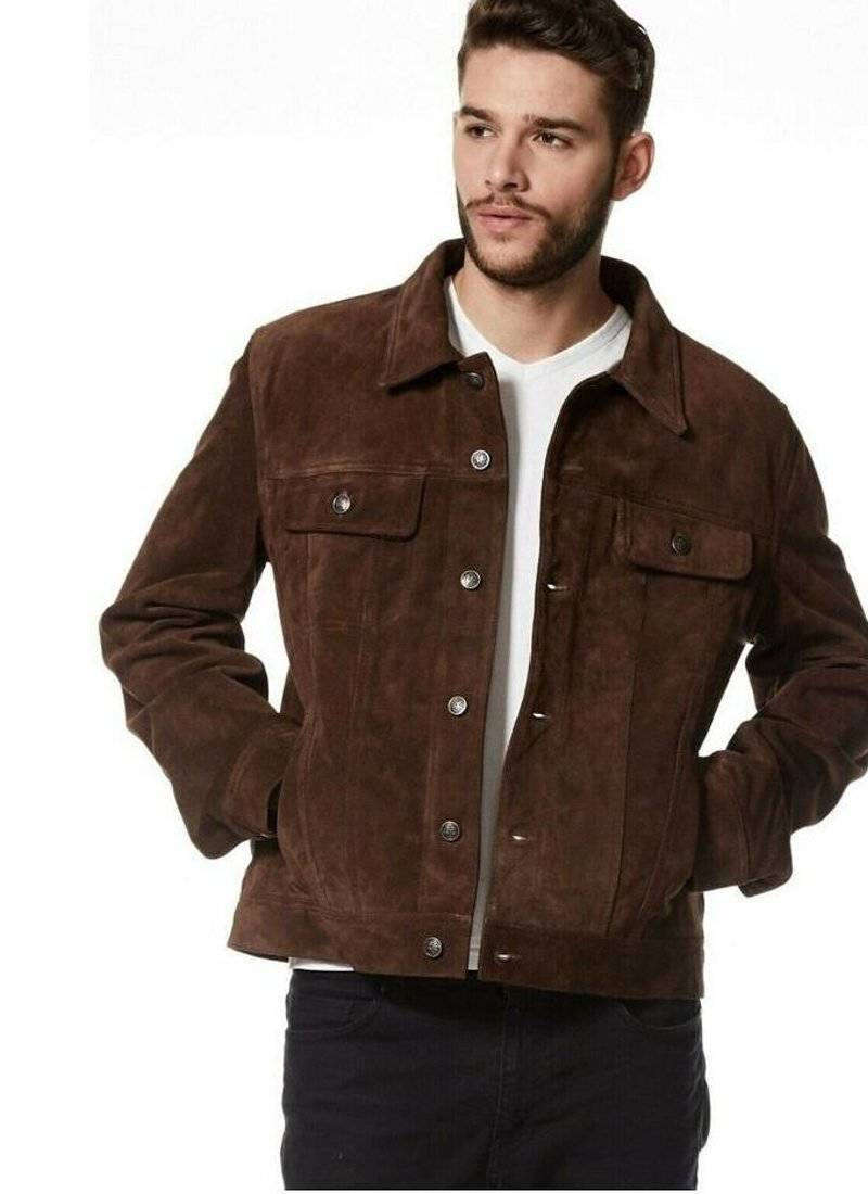 Men's brown suede leather signature look trucker biker jacket