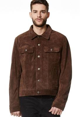 Men's brown suede leather signature look trucker biker jacket 2