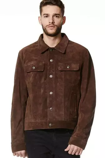 Men's brown suede leather signature look trucker biker jacket