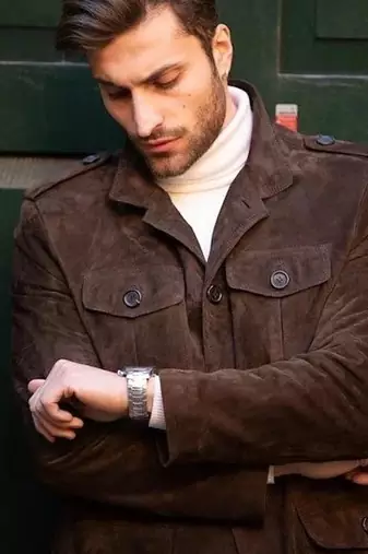 Men's brown suede leather buttoned classic design jacket