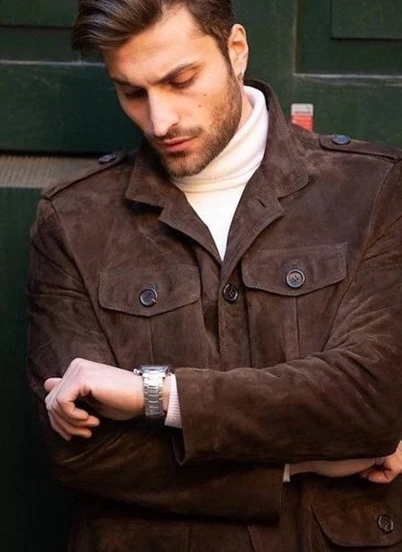 Men's brown suede leather buttoned classic design jacket