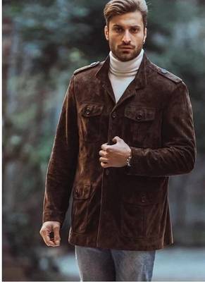 Men's brown suede leather buttoned classic design jacket 2