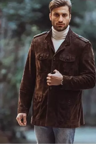 Men's brown suede leather buttoned classic design jacket