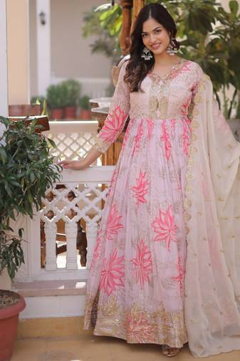 Digital print & embroidered russian silk gown & dupatta