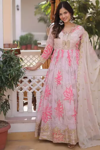 Digital print & embroidered russian silk gown & dupatta
