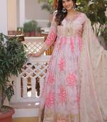 Digital print & embroidered russian silk gown & dupatta