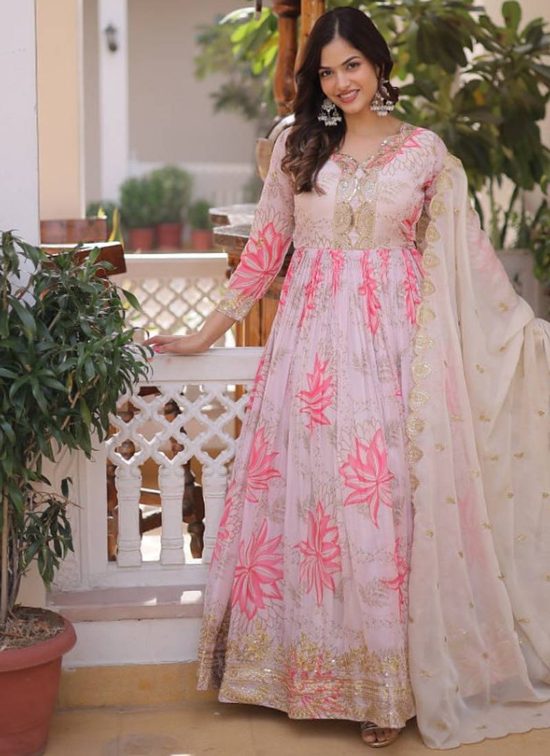 Digital print & embroidered russian silk gown & dupatta