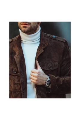 Men's brown suede leather buttoned classic design jacket 3