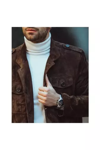 Men's brown suede leather buttoned classic design jacket