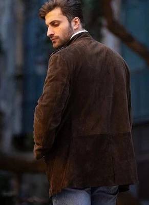 Men's brown suede leather buttoned classic design jacket 4