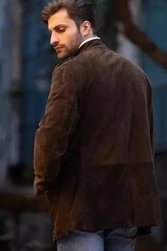 Men's brown suede leather buttoned classic design jacket