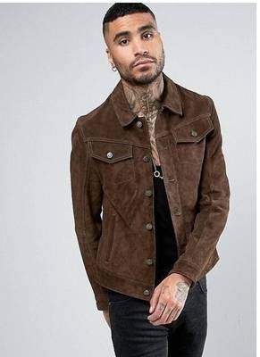 Men's suede leather premium finish brown button style jacket 1