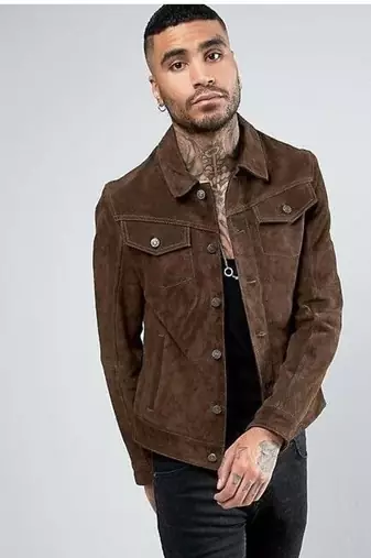 Men's suede leather premium finish brown button style jacket