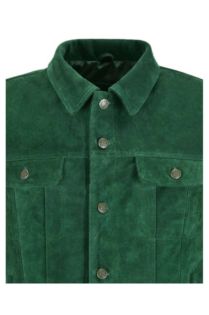 Men's green suede leather fashion outerwear button moto jacket